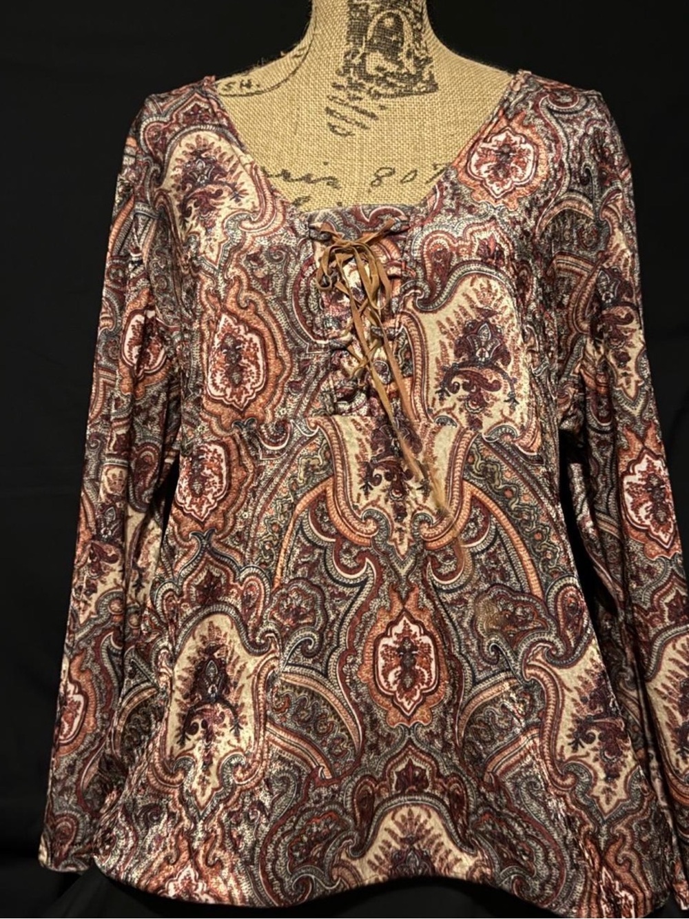 Vintage Lace-Up Paisley Tunic in Brown Multi